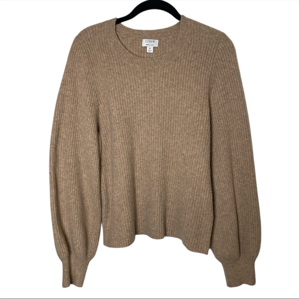J. Crew extra soft ribbed crew neck puff sleeve wool blend sweater tan women’s M